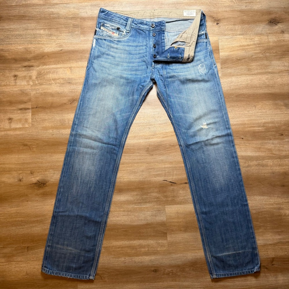 Diesel Timmen Jeans Men 34x34 Blue Straight Leg Wash 008BK Button Fly Distressed